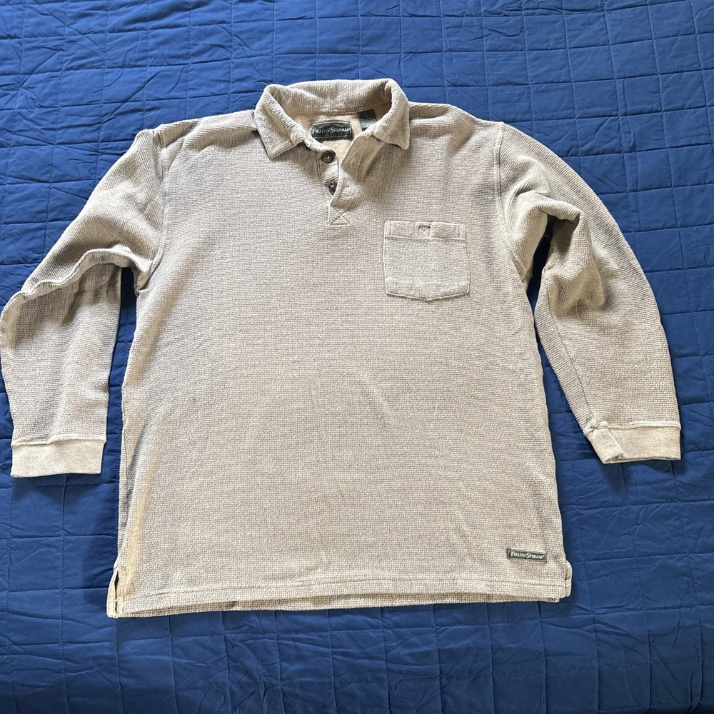 VTG Field & Stream SZ L Men's Long Sleeve Collared Polo Shirt Natural Khaki